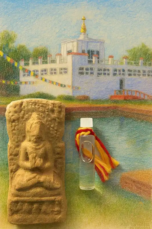 Votive tablet of the historical Buddha + water from the sacred pool of Lumbini.