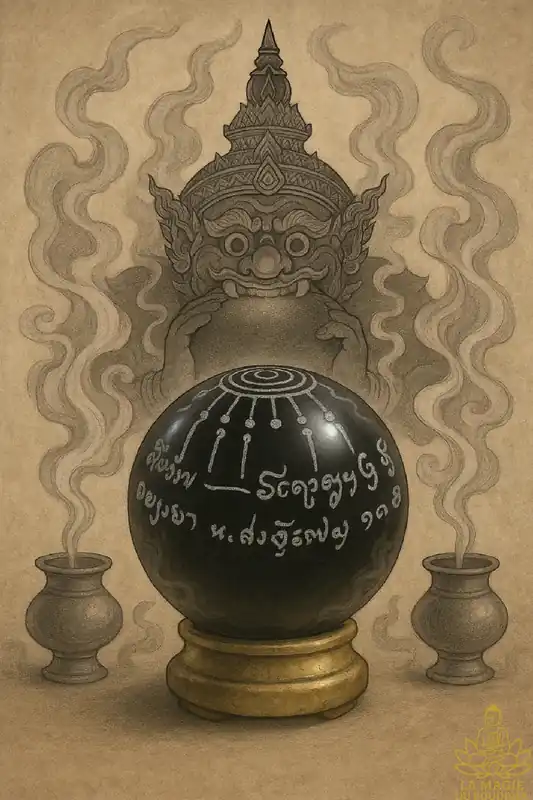 Black crystal ball Look Geow Samadhi blessed by Luang Phor Dooh – Protection of Phra Rahu (1989 edition, Wat Sakai)