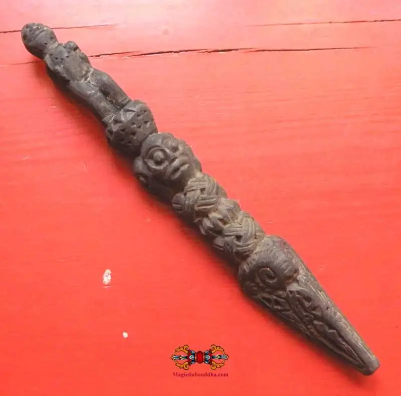 Beautiful large carved wooden Tibetan Phurba ritual dagger - Tamang style.