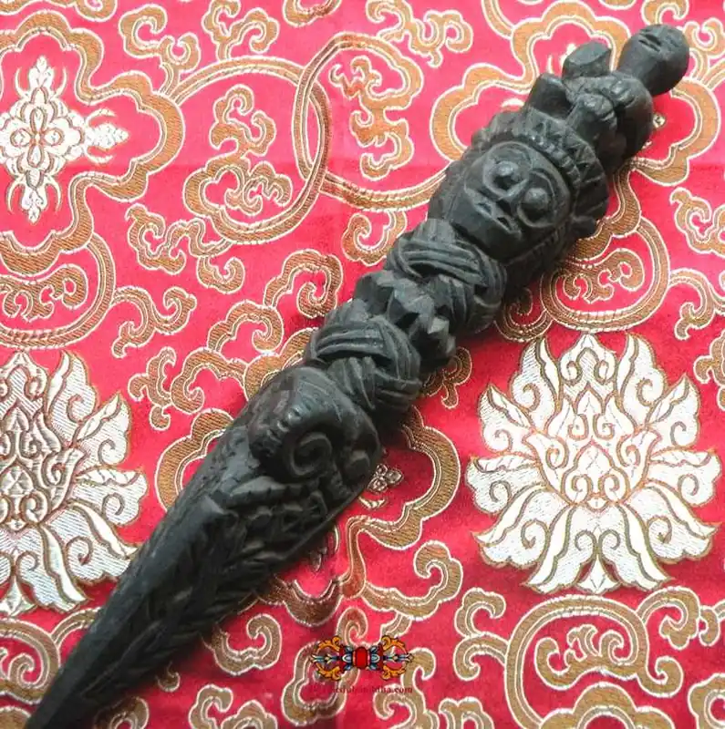 Large Tibetan Phurba ritual dagger in carved wood - Tamang style.