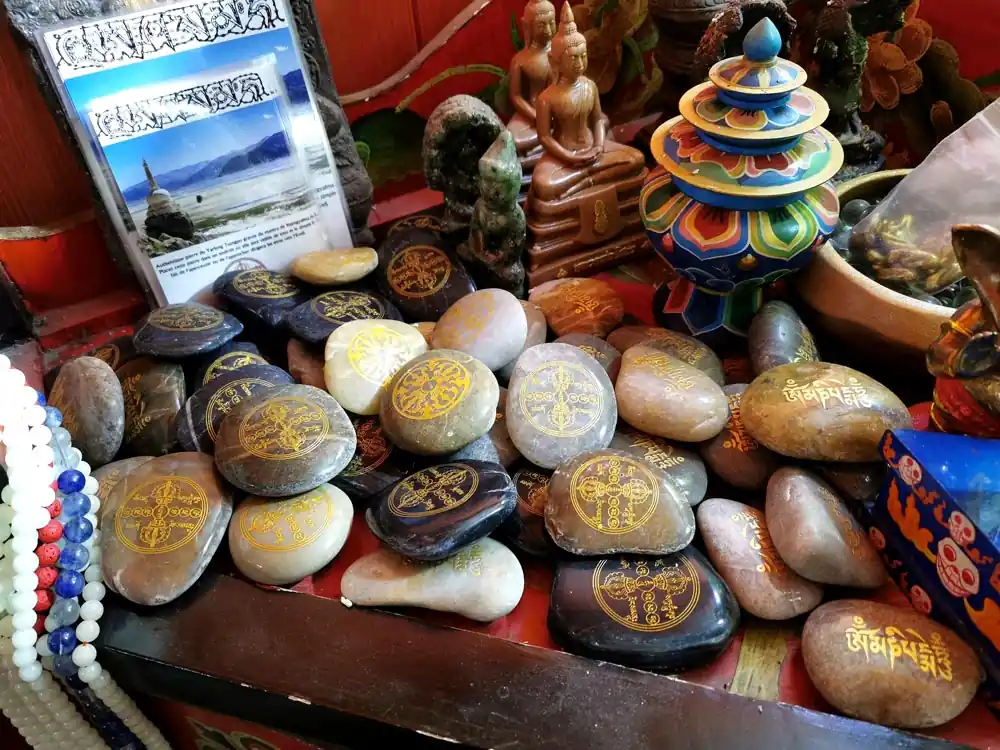 Sacred stone from Mount Kailash (Yarlung Tsangpo) - engraved with the Namgyalma mantra A-Ah-Sha-Sa-Ma (or the Chenrezig mantra).