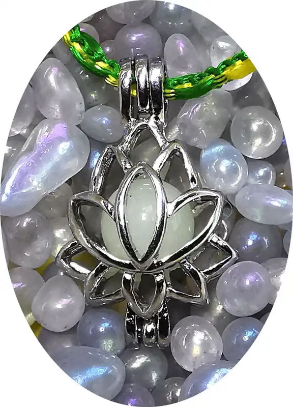 Lotus pendant with blue fluorescent Ye Ming Zhu Chinese stone bead.