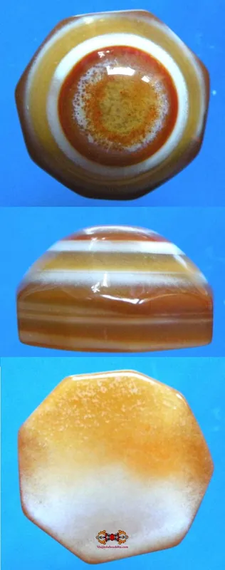 Octagonal Tibetan magic eyes in salmon-colored agate.
