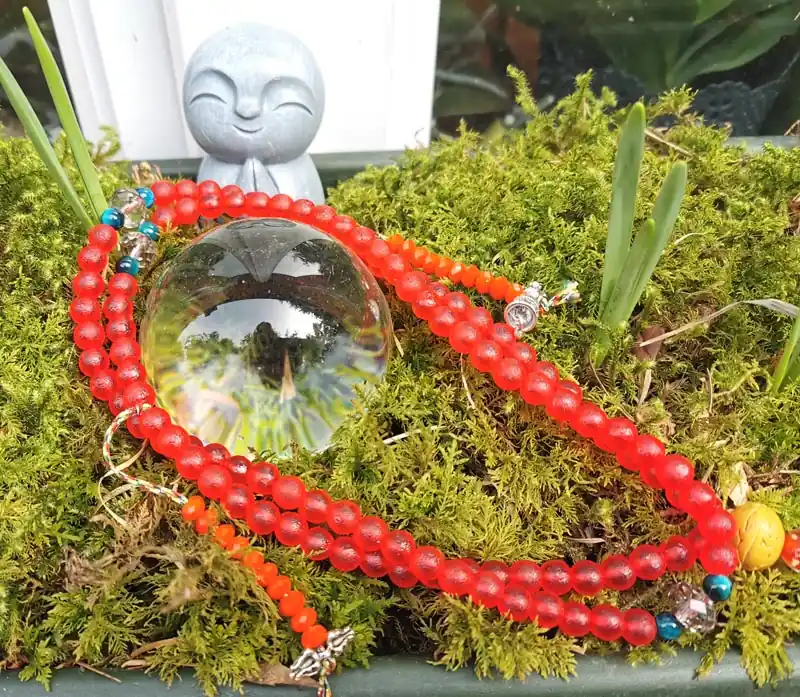 Tibetan Red Glass Prayer Beads - For practicing the Amithaba Buddha mantra.