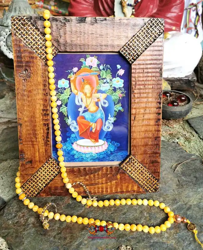 Tibetan Buddhist mala prayer beads for Manjushri practice + frame.