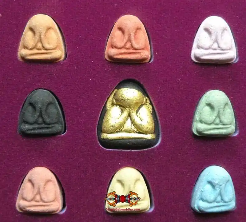 Set of nine multi-colored Phra Pidta amulets - Venerable LP Keaw.