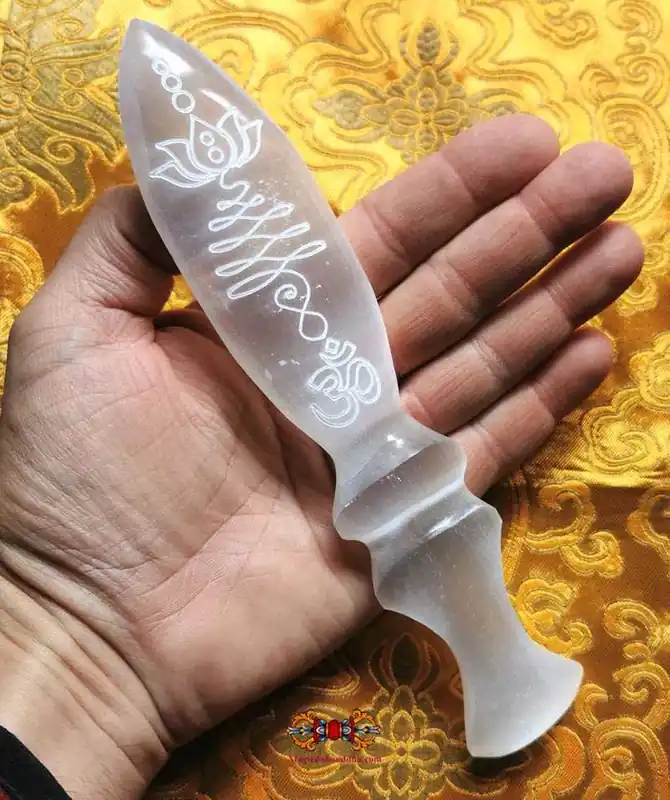 Hindu votive dagger in carved selenite.