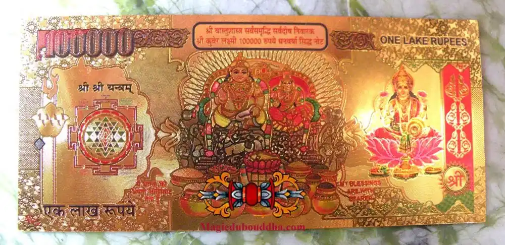 Golden fortune note of 100,000 rupees of Kubera and Lakshmi.