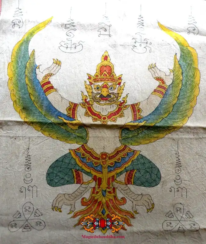 Hand-painted Thai Pa Yant sacred fabric from Phaya Kruth (Garouda).