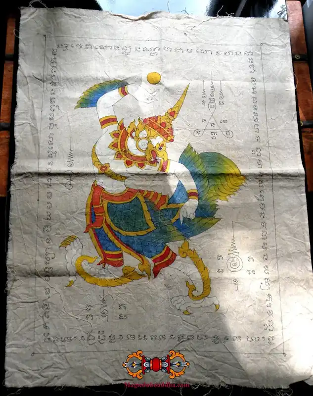 Hand-painted Thai Pa Yant sacred fabric from Phaya Kruth (Garouda).