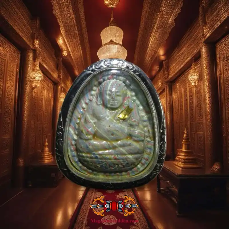 Beautiful multi-colored amulet of the fortune Buddha Phra Sanghajai - Wat Phrom Thammanimit.