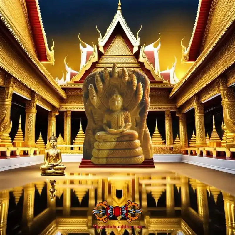 Rare statuette of the Buddha Phra Naphok (Buddha under the King of the Nagas) in fossil wood.