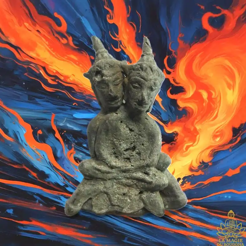 Strange ancient two-headed Phra Ngang made of dark metal.