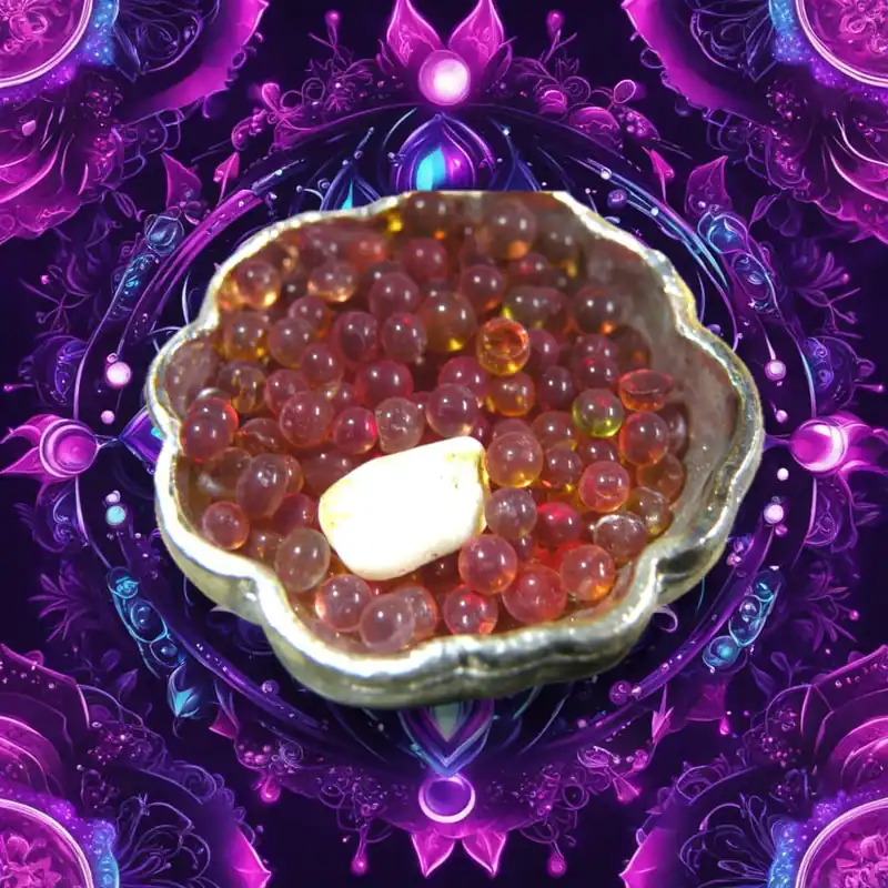 Sacred sarira beads and white relic of the Arahants.