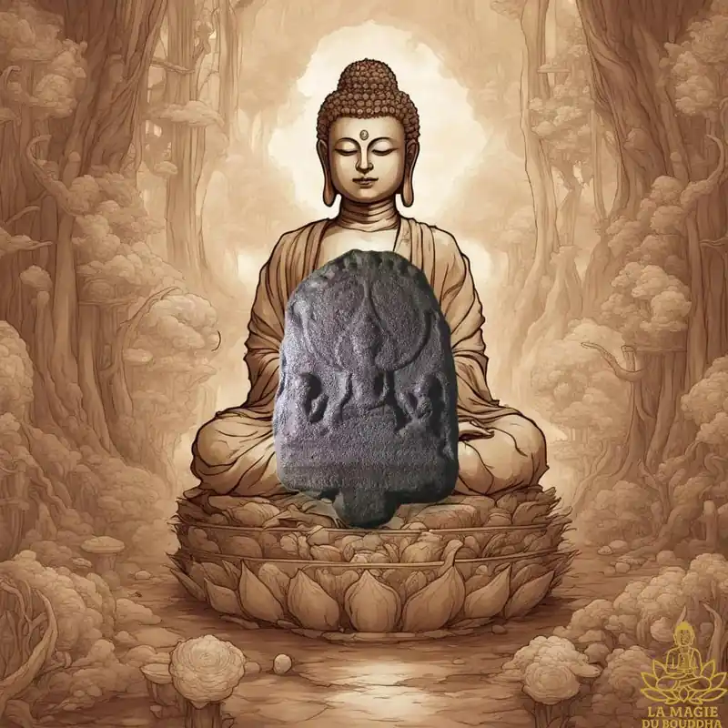 Ancient votive tablet in dark red earth – Buddha with Sariputra and Moggalāna.