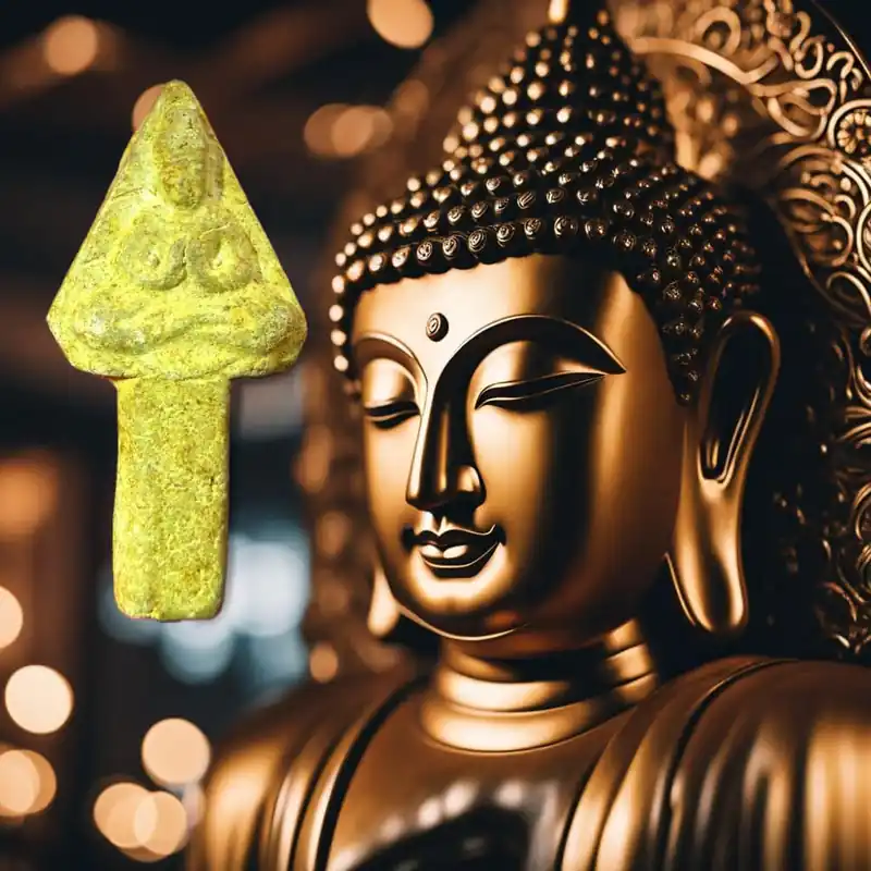 Antique Buddhist arrow-shaped amulet - Thai ritual votive tablet in yellow ochre.