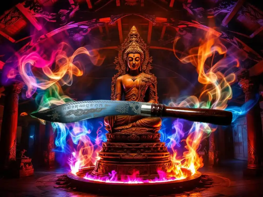 Large ritual dagger in blue magical iron Lek Namphi – Ajarn from the lineage of Luang Phor Tim (Wat Lahanraï).