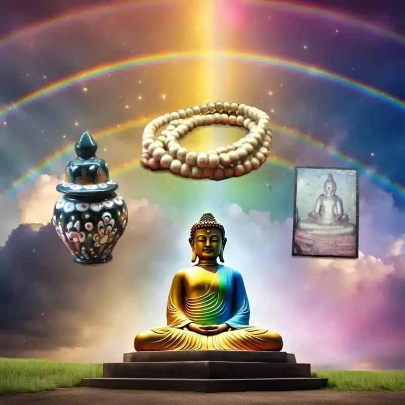 Collection of sarira relics, prayer beads and Buddha images.