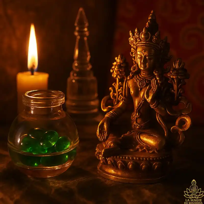 Sacred Lot of the Protector Green Tara – Gilded Bronze Statuette and Ringsel Relic Chorten