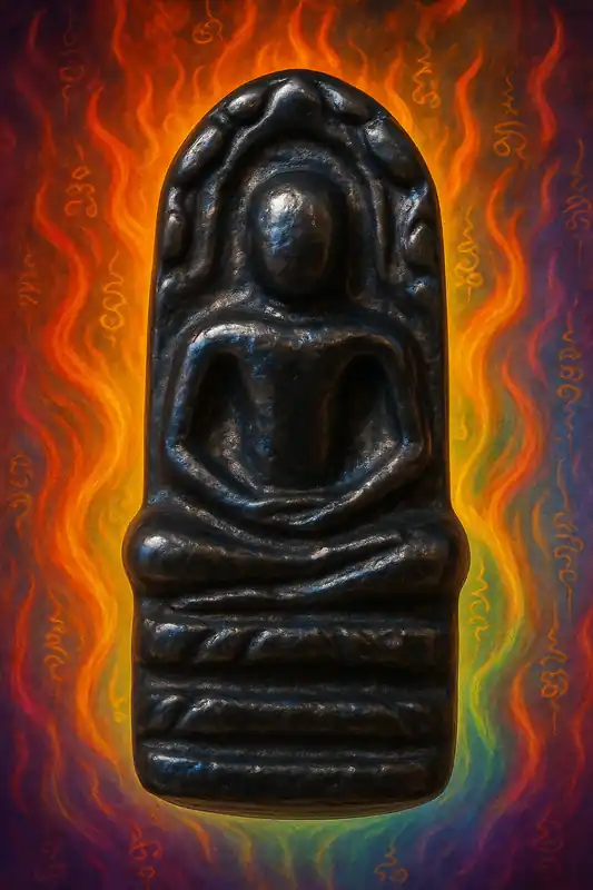 Alchemical Phra Naphok statuette in mystical blue Mekkapat alloy – Buddha protector of wealth.