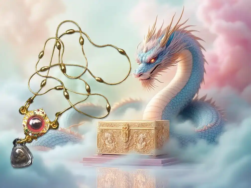 Sacred necklace with pink Naga bead and Phra Pidta in Mekong sand (Wat Pochai – Udon Thani)