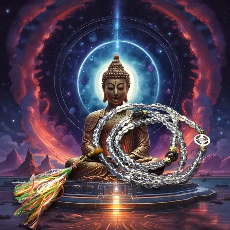 Tibetan Crystal Spatika Mala Beads – Tiger and Dorje Ornaments