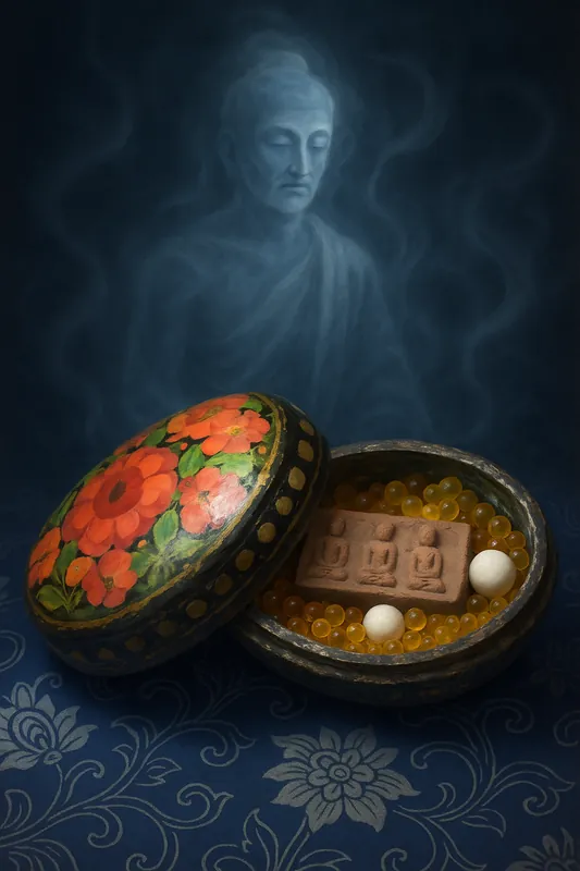 Small collection of Buddhist relics – Antique box, votive tablet and sacred sarira beads.