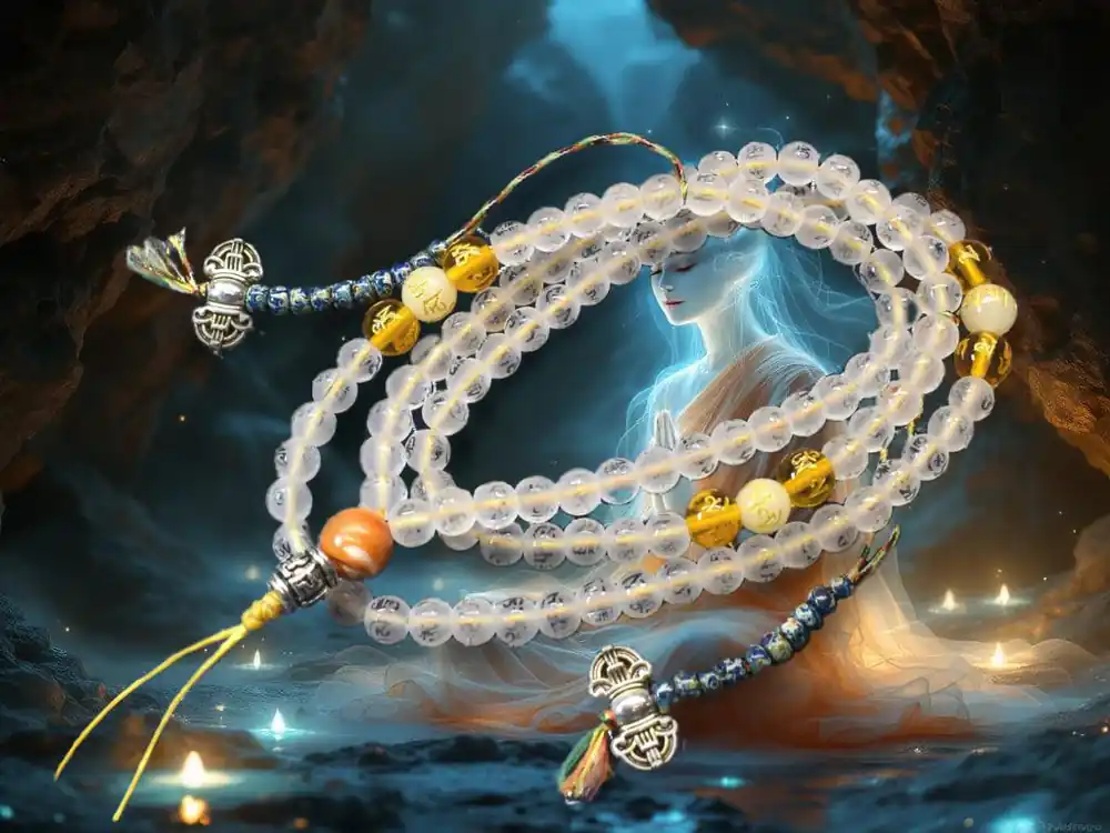Tibetan Engraved Crystal Mala Prayer Beads – Chenrezig Mantra and Ye Ming Zhu Fluorescent Beads.