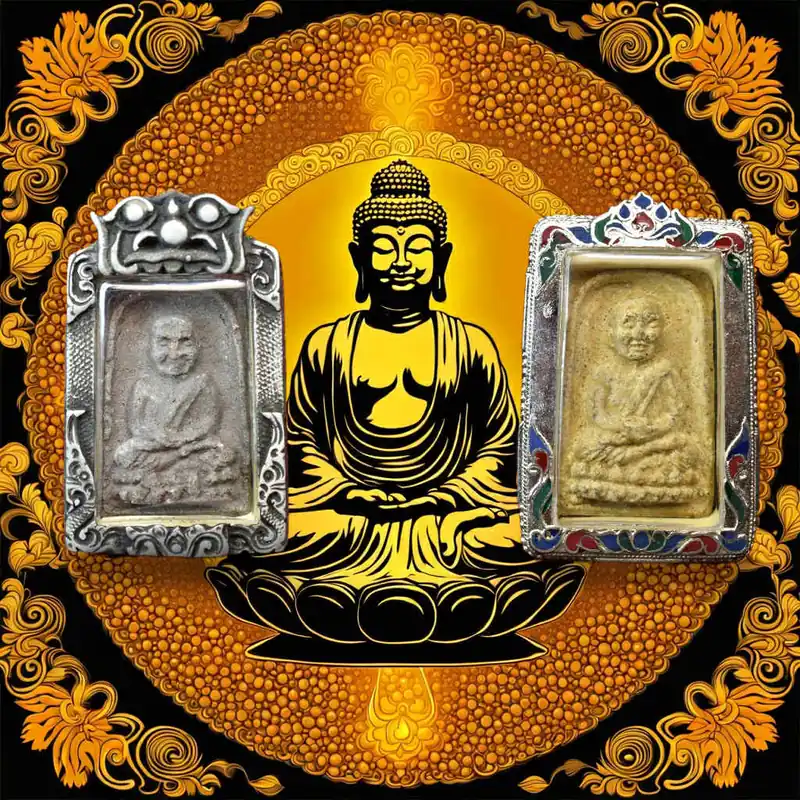 Ancient Luang Phor Thuat amulets (yellow and black) – blessed in 1994 by Phra Ajarn Nong (Wat Sai Khaw)