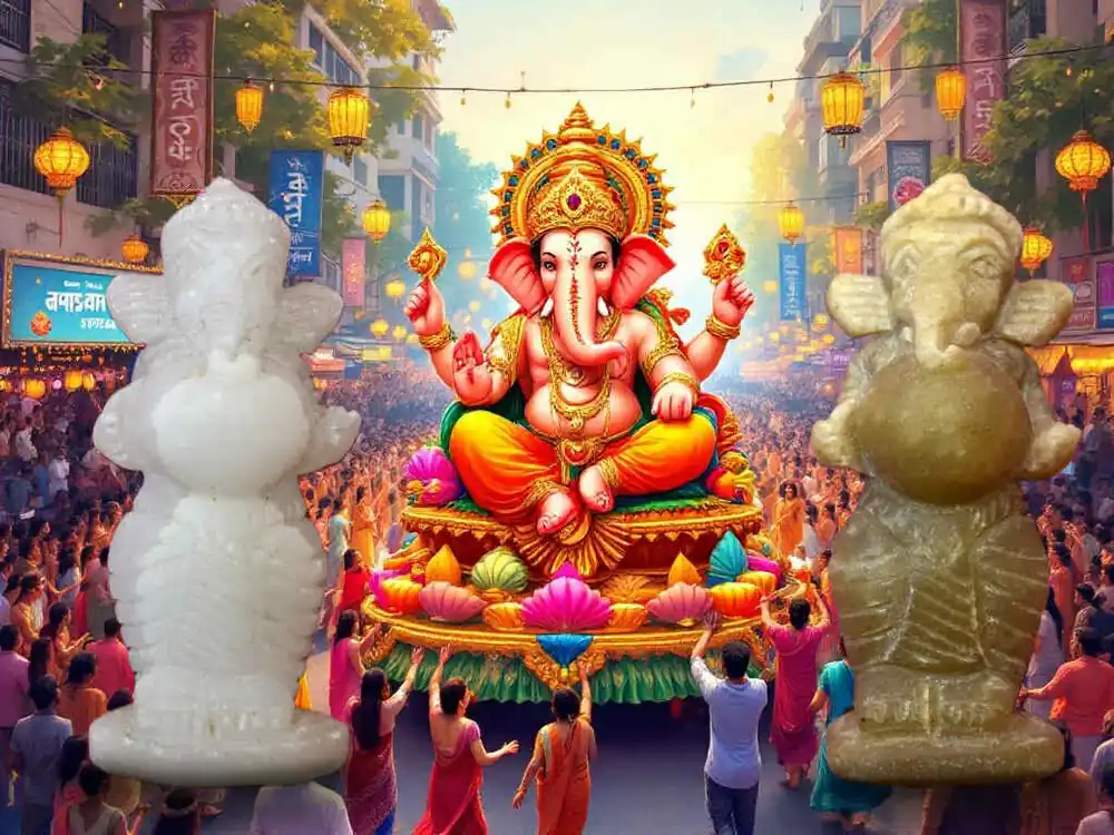 Handcrafted statuettes of Ganesh standing carrying a sacred cake – white and green stone