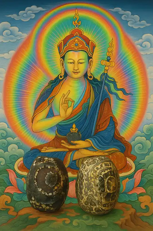Pair of small antique three-eyed dzi – Guru Rinpoche style