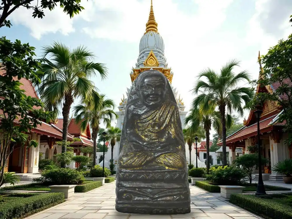 Luang Phor Thuat votive tablet in black and gold resin – Khom inscriptions