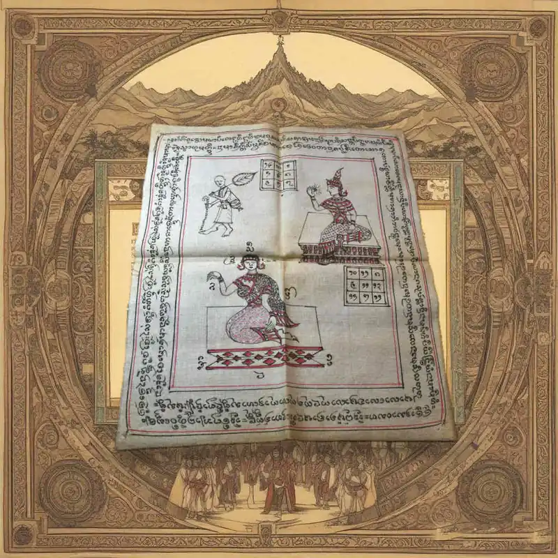 Ancient Lanna Pa Yant depicting Phra Siwali, Mae Nang Kwak and a royal figure – Hand-painted sacred cloth (approx. 50 years old)