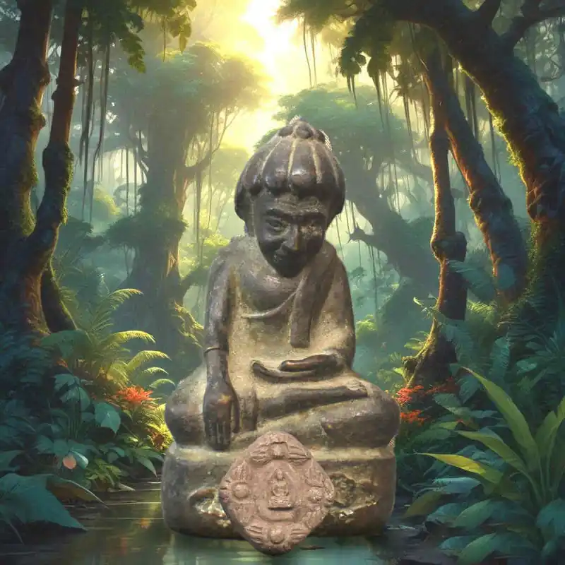 Sacred bronze statue of Phra Upakut (Wat Parungsee) + Phra Phong Kradum Thong amulet