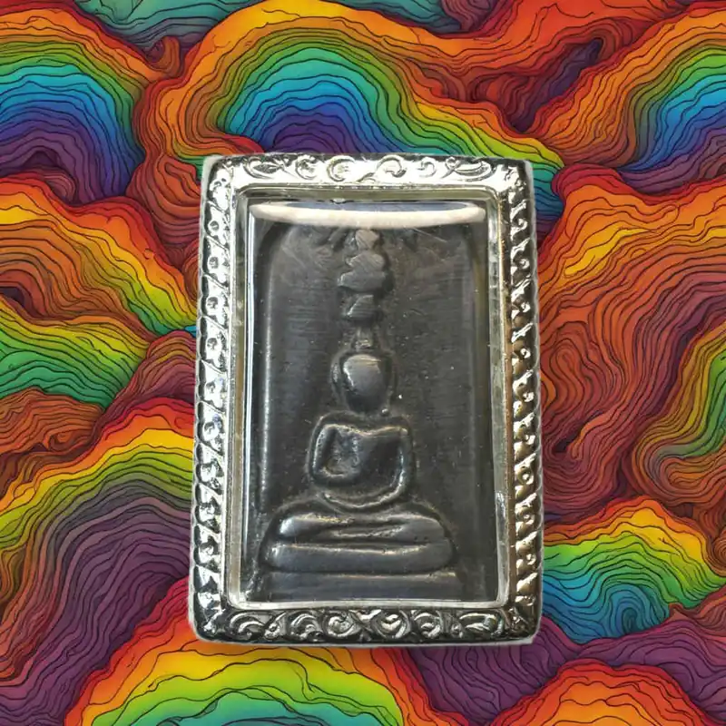 Ancient Phra Somdej amulet in dark mekkapat alchemical alloy – Thailand, circa 1985