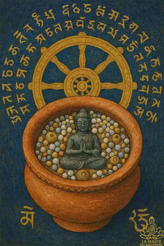 Antique Mon reliquary with lead Buddha and multicolored sarira beads