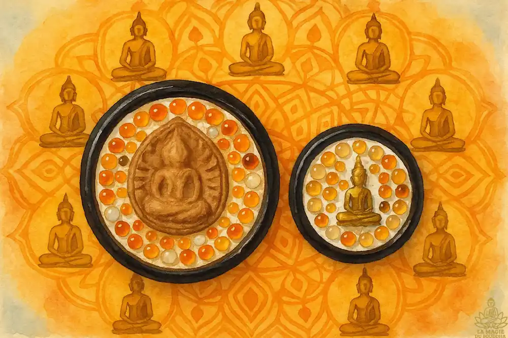 Antique reliquaries made of lacquered wood decorated with flowers – sarira beads, Phra Somdej and Luang Phor Sothorn