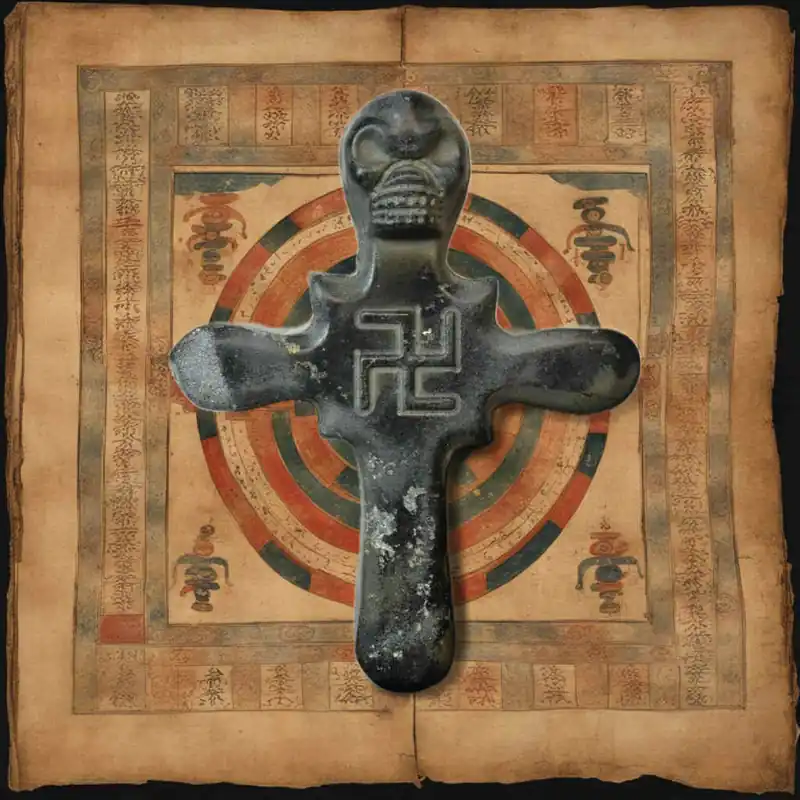 Tibetan Bönpo Talisman in Black Magnetic Stone - Cross with Citipati Skull and Swastika