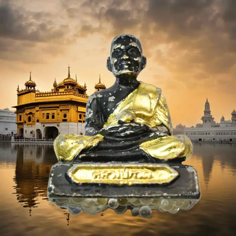 Ancient statuette of Luang Phor Thuat with Phra Siwali and sarira relic beads