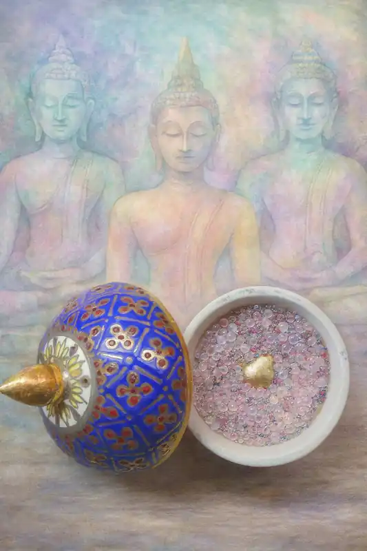 Multicolored Sarira Relic Beads in Benjarong Pot with Sacred Metal Fragment