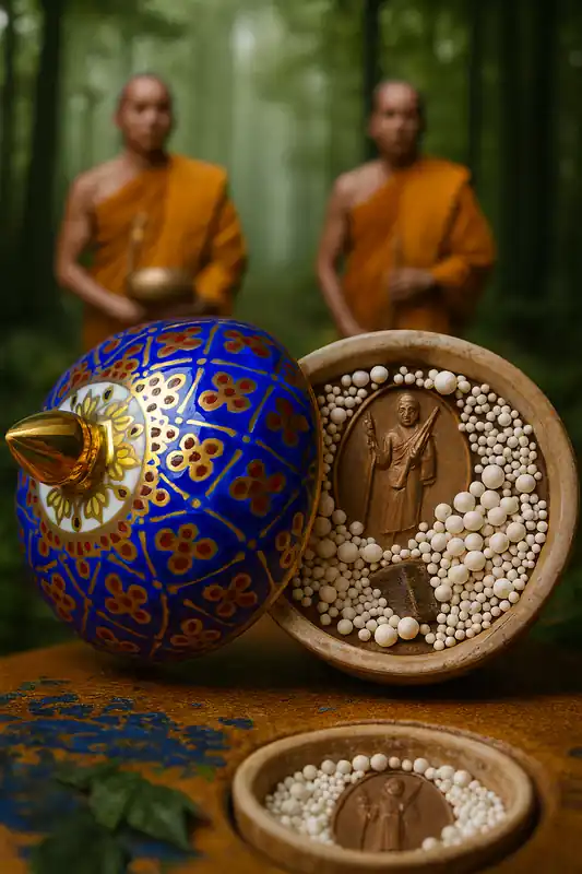 Sacred relic beads in Benjarong jar with Phra Siwali medal – Wat Phanang Choeng (Ayutthaya)