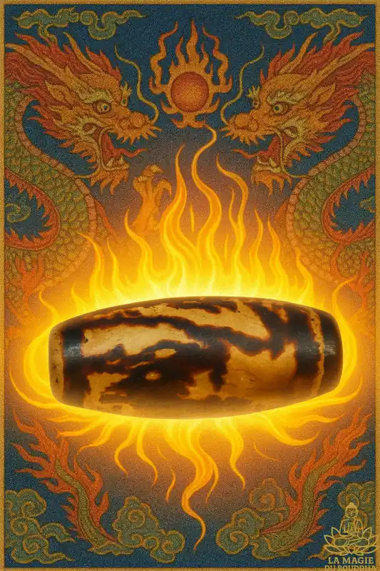 Ancient sacred Dzi bead decorated with a dragon
