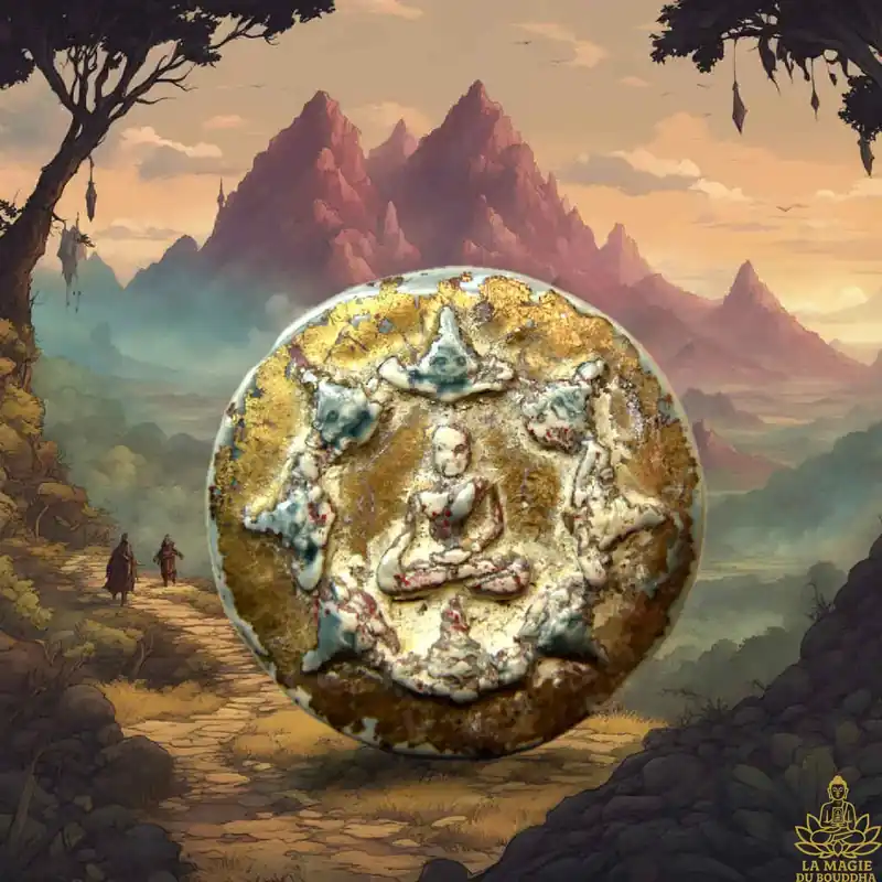 Large amulet / votive tablet of Jatukham Rammathep and Phra Rahu in celadon ceramic with gold leaf
