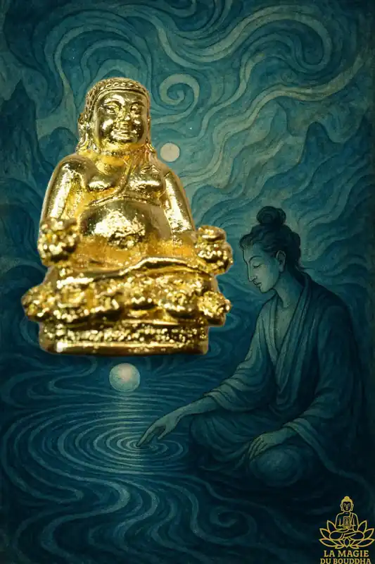 Golden amulet of Fortune Buddha Jao Sua Yai – Roon Ruay Koon Ah Heng (Wat Khao Issan Thep Phrathan, 1995)