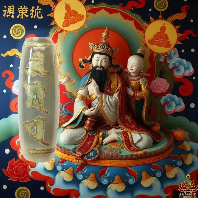 Sacred Tibetan Dzi bead in translucent agate adorned with a mantra