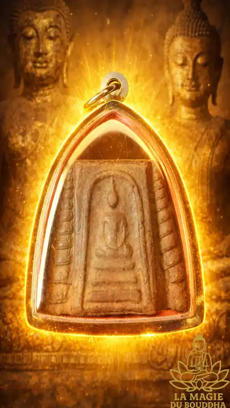 Ancient amulet of the Buddha Phra Somdej with shell motifs and handwritten inscription Phra Kru Sangharaj