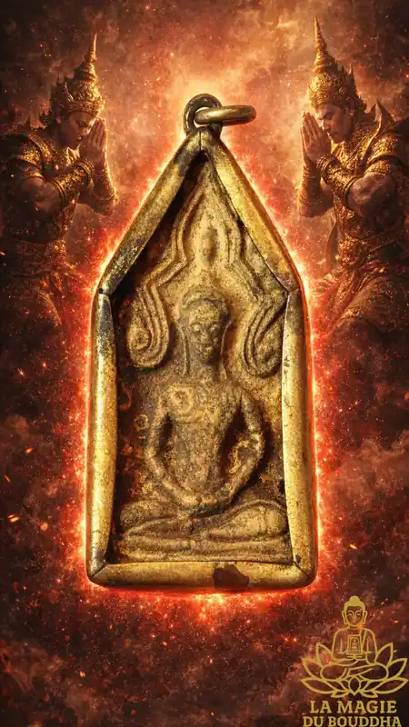 Rare ancient Phra Khunpaen amulet from Wat Ban Krang Suphanburi in an antique repoussé brass reliquary