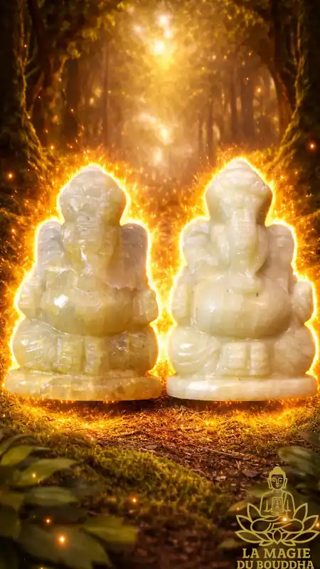 Ganesh statuettes in translucent and milky yellow calcite