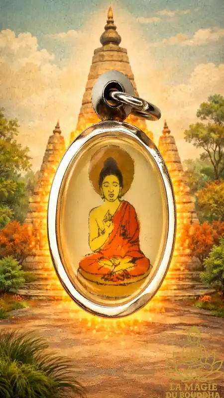 Vintage pendant (60s / 70s) Shakyamuni Buddha and Mahabodhi stupa