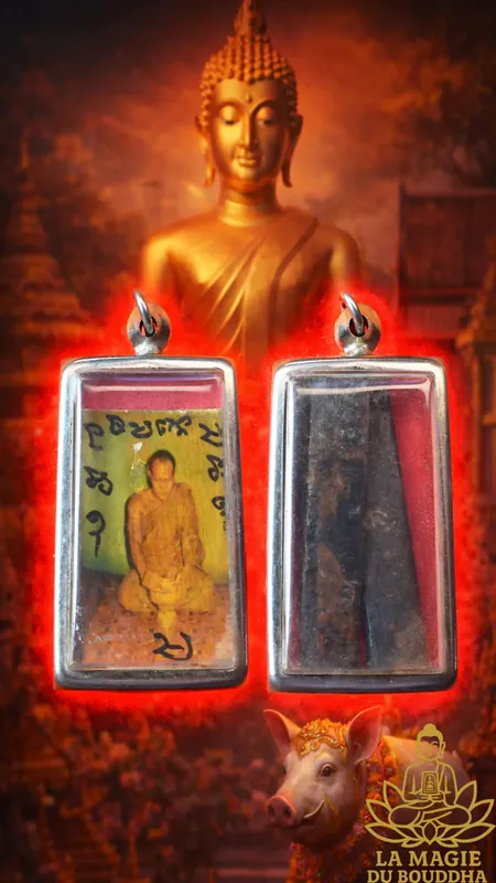 Triple copper Takut amulet with sacred photo of Venerable Ajarn Aod Wat Sai Mai